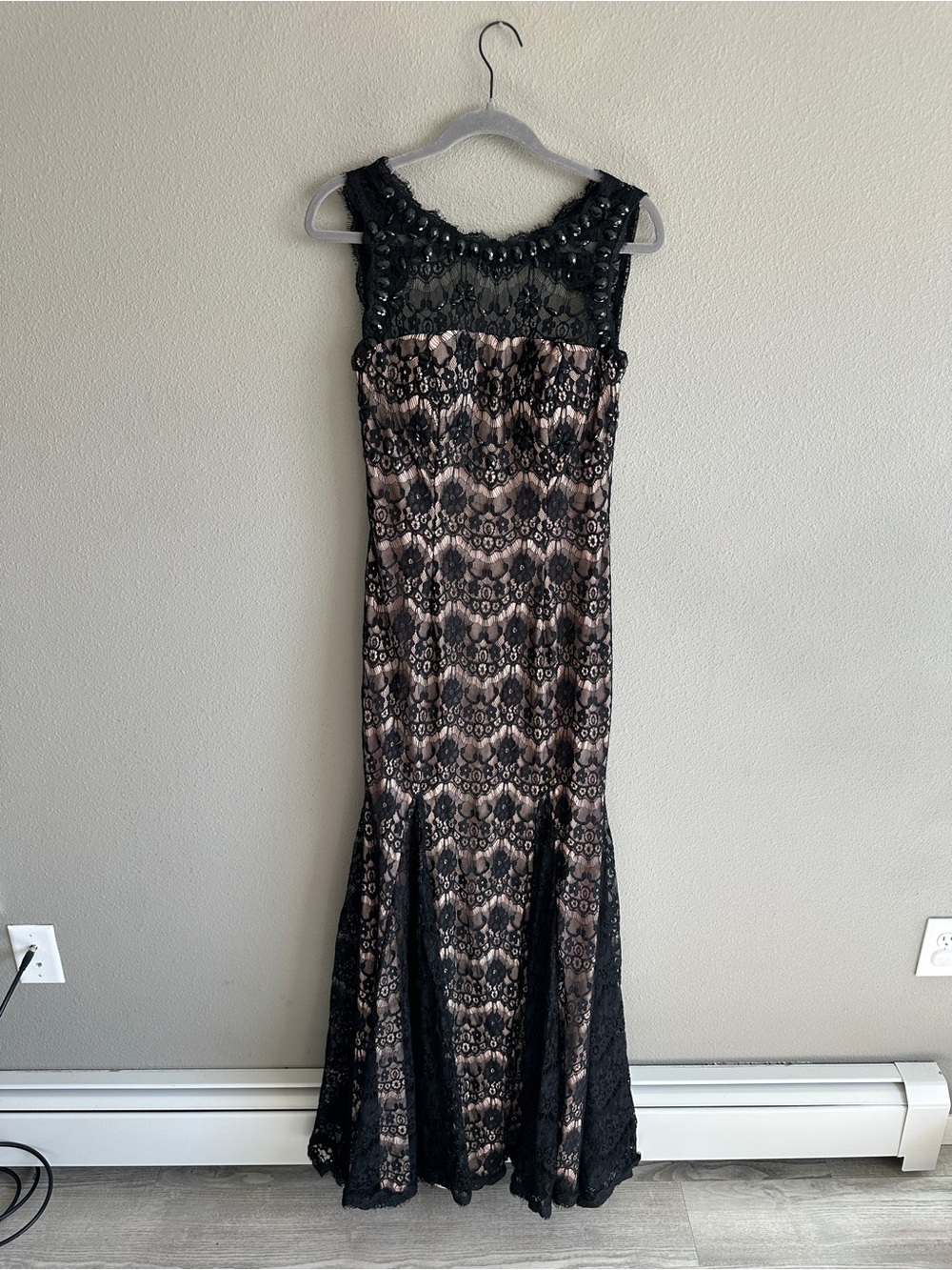 Betsy & Adam Black Lace Overlay Beaded Maxi Gown 8